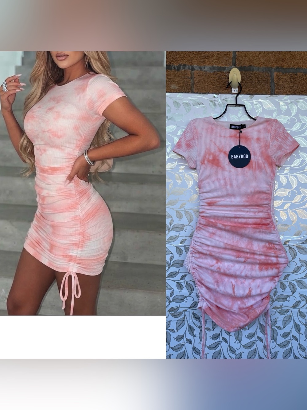 Babyboo Pink Tie Dye Carina Ruched Mini Dress Cotton Blend XS NWT